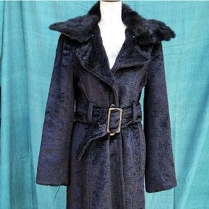 Vintage 90s Y2k Bebe Black Long Lined Coat Women's Sz L Soft Rabbit Fur Collar